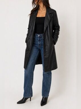 wild fable Black Leather Long Trench Coat